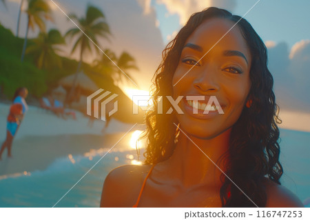 Sunset Serenity: Young African American Woman by the Sea Sunset Serenity: Young African American Woman by the Sea 116747253