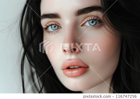 A Study in Natural Radiance: Black-Haired Woman's Delicate Skin A Study in Natural Radiance: Black-Haired Woman's Delicate Skin 116747256