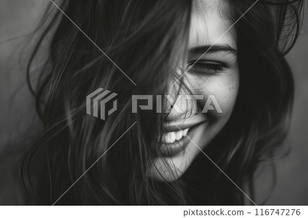 Timid Charm: Grayscale Portrait of a Brown-Haired Woman 116747276