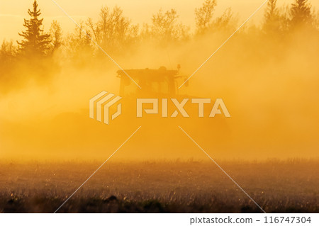 Silhouette of a tractor working in the field in dust, golden sunset. 116747304