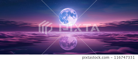 Full moon reflection over calm ocean at twilight, tranquil and serene night scene. Peaceful nature and celestial beauty concept Full moon reflection over calm ocean at twilight, tranquil and serene night scene. Peaceful nature and celestial beauty concept 116747331