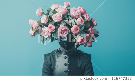 Knight with a bouquet of pink roses on the head, surreal concept 116747332