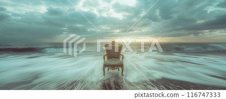 Vintage armchair on the seashore during a dramatic sunset, surreal concept 116747333
