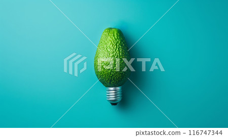 Avocado light bulb on blue background, minimalistic concept 116747344