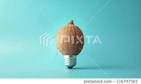 Coconut transformed into a light bulb against a blue background. Creative concept of innovation and tropical theme 116747365