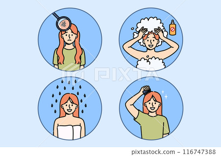 Girl with lice in hair uses medicated shampoo while showering to get rid of parasites 116747388