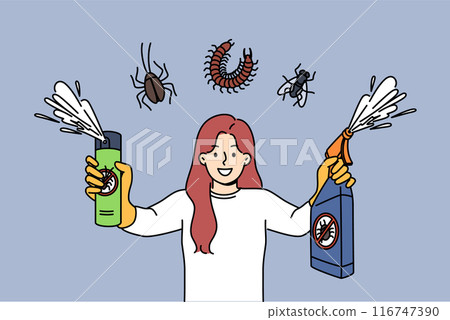 Using insecticide spray to control pests, woman holding two bottles of bug poison with smile 116747390