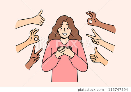 Public approval for happy woman standing among positive OK and thumbs up gestures Public approval for happy woman standing among positive OK and thumbs up gestures 116747394