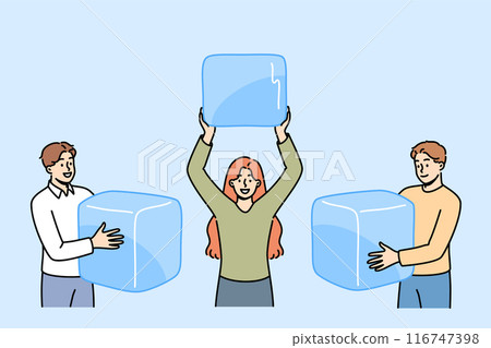 Ice cubes in hands of people who want to cool off and drink cold drinks in summer sunny weather 116747398