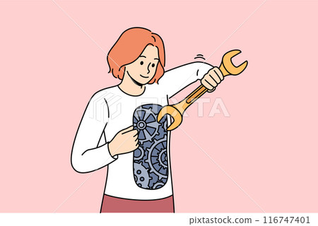 Woman independently restores mental health by repairing mechanism inside herself Woman independently restores mental health by repairing mechanism inside herself 116747401