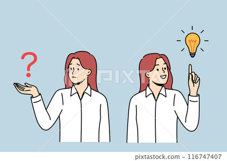 Business woman comes up with idea after problem arises and rejoices at finding answer to question 116747407