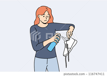 Woman shoes have bad odor and require use of antibacterial gel to get rid of stench 116747411