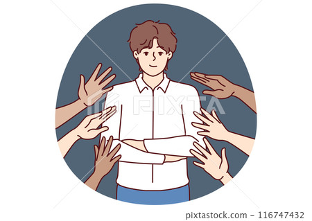 Popular business man beside many hands wanting to touch idol, for concept of corporate training Popular business man beside many hands wanting to touch idol, for concept of corporate training 116747432