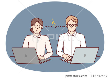 Colleagues with laptops angry at partner after problems or quarrel related to choice leader 116747437