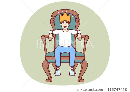 Little boy sits on throne with crown on head dreaming of growing up to be prince or king 116747438