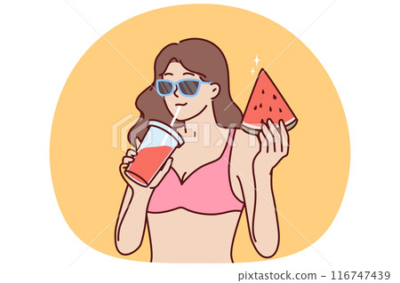 Woman in bikini drinks fruit smoothie and eats watermelon relaxing on beach or pool party Woman in bikini drinks fruit smoothie and eats watermelon relaxing on beach or pool party 116747439