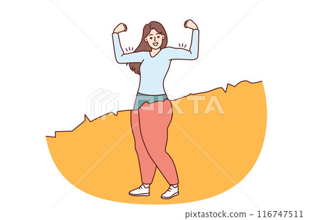 Slender woman before and after fitness shows muscles to show off weight loss after diet 116747511