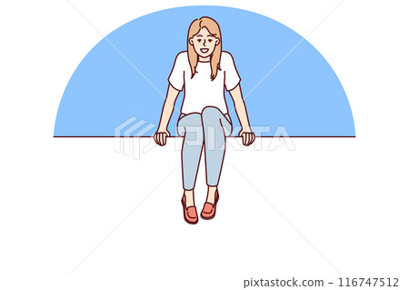 Young woman sits on blank billboard designed to advertise or promote marketing campaign Young woman sits on blank billboard designed to advertise or promote marketing campaign 116747512