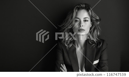 Black And White Portrait Of A Woman With Long Blonde Hair Wearing A Blazer And Looking Directly At The Camera 116747539