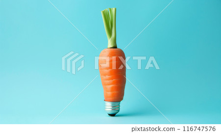 Carrot with light bulb base on blue background, creative concept 116747576
