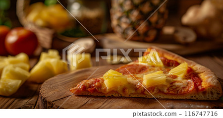 Slice of hawaiian pizza with fresh pineapple and ham, close-up view. Delicious food and Italian cuisine concept 116747716