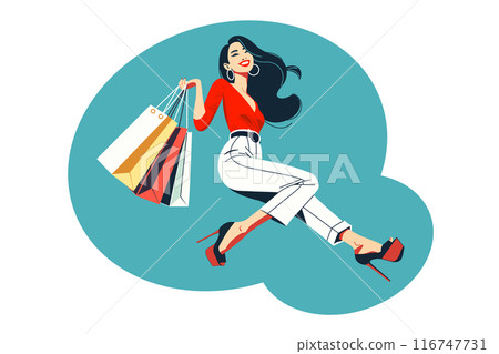Fashionable Woman Shopping with Multiple Bags 116747731