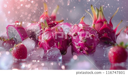 Dragon Fruit and Ice on a Wet Surface Dragon Fruit and Ice on a Wet Surface 116747801
