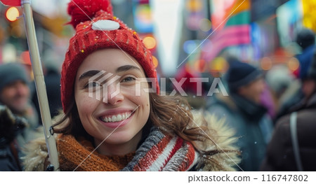 Woman In Red Hat Smiles In Snow 116747802