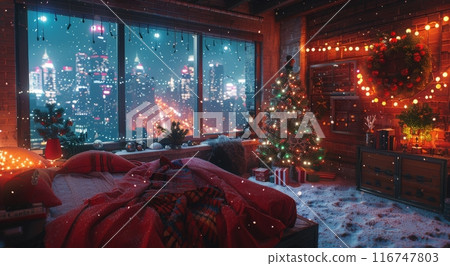 Cozy Christmas Bedroom With City View Cozy Christmas Bedroom With City View 116747803