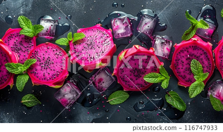 Dragon Fruit Slices With Mint and Ice 116747933