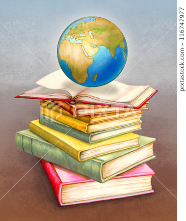 Earth globe on top of a pile of books 116747977