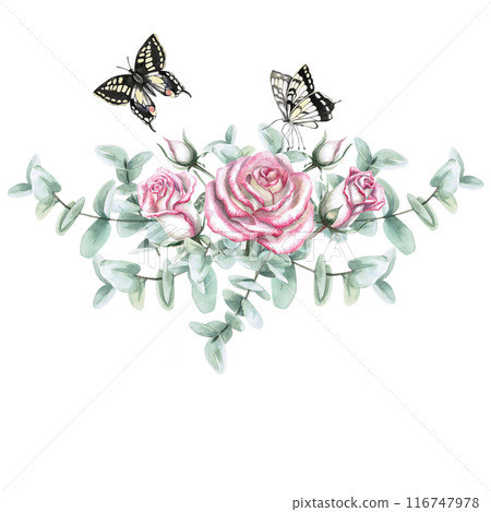 Bouquet with roses, eucalyptus leaves, and butterflies in watercolor. Hand-drawn illustration for greeting cards, weddings, memorials, clothing printing. Illustration isolated from background 116747978