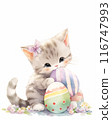 Easter greeting card with copy space. Kawaii fluffy kitten sits among colorful easter eggs in grass. Spring postcard with cute cat for religious holiday. Watercolor style, AI generated illustration. 116747993