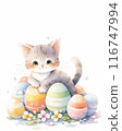 Easter greeting card with copy space. Kawaii fluffy kitten sits among colorful easter eggs in grass. Spring postcard with cute cat for religious holiday. Watercolor style, AI generated illustration. 116747994