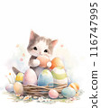 Kawaii fluffy kitten sits among colorful easter eggs. Easter greeting card with copy space. Spring postcard with cute cat for religious holiday. Watercolor style, AI generated illustration. 116747995