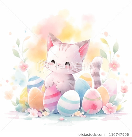 Easter greeting card with kawaii fluffy kitten sits among colorful easter eggs. Spring postcard with cute cat for religious holiday. Watercolor style, AI generated illustration. Easter greeting card with kawaii fluffy kitten sits among colorful easter eggs. Spring postcard with cute cat for religious holiday. Watercolor style, AI generated illustration. 116747996