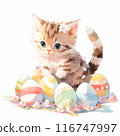Easter greeting card, kawaii fluffy kitten sits among colorful easter eggs and flowers. Spring postcard with cute cat for religious holiday. Watercolor style, AI generated illustration. 116747997