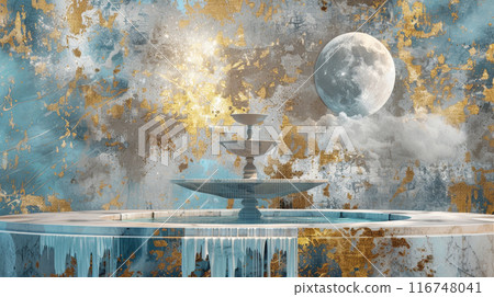 A painting of a fountain with a large moon in the sky A painting of a fountain with a large moon in the sky 116748041