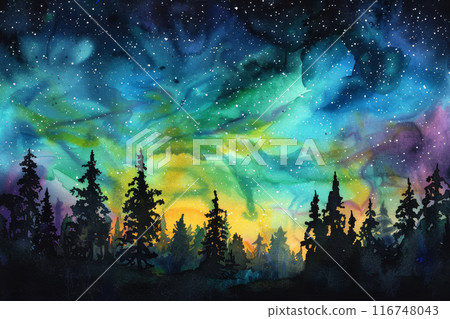 A painting of a forest with a sky full of stars 116748043