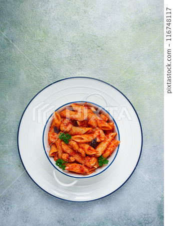 Penne pasta, with shrimp in tomato sauce, close-up, no people, Penne pasta, with shrimp in tomato sauce, close-up, no people, 116748117