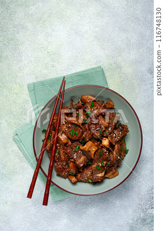 bulgogi, with mushrooms, with sesame seeds and green onions, Korean cuisine, homemade, no people, 116748130