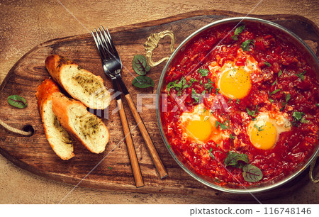 shakshuka, breakfast, fried eggs in tomato sauce, with spices and herbs, homemade, no people, shakshuka, breakfast, fried eggs in tomato sauce, with spices and herbs, homemade, no people, 116748146
