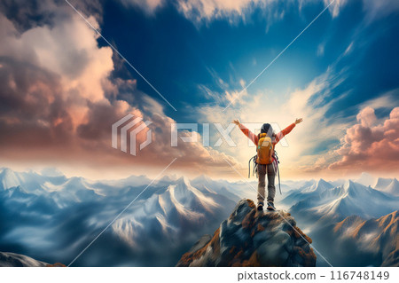 登山者在山頂張開雙臂的插圖 116748149