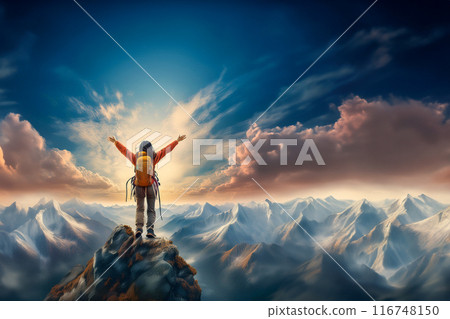 登山者在山頂張開雙臂的插圖 116748150