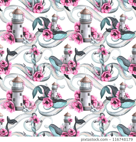 Sea lighthouse, whales and anchor with waves and pink anemone flowers. Hand drawn watercolor illustration. Seamless pattern on a white background. For fabric, textile, wallpaper, wrapping paper. 116748179