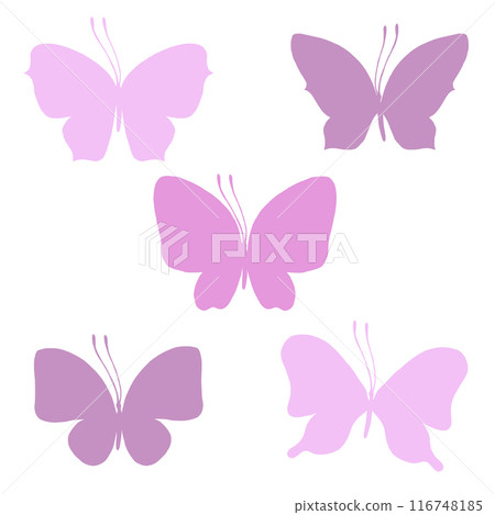 Butterflies with wings and antennae in pink and lilac colors. Delicate, romantic simple insects. Graphic illustration set of their several elements, clip art vector silhouettes. Butterflies with wings and antennae in pink and lilac colors. Delicate, romantic simple insects. Graphic illustration set of their several elements, clip art vector silhouettes. 116748185
