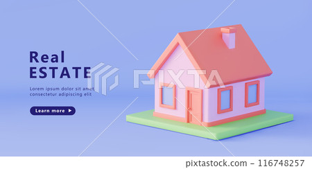 3d cute cartoon house with red roof on blue background. Real estate concept. Online service for home to buy or sale. Vector illustration of 3d render for web layout. 116748257