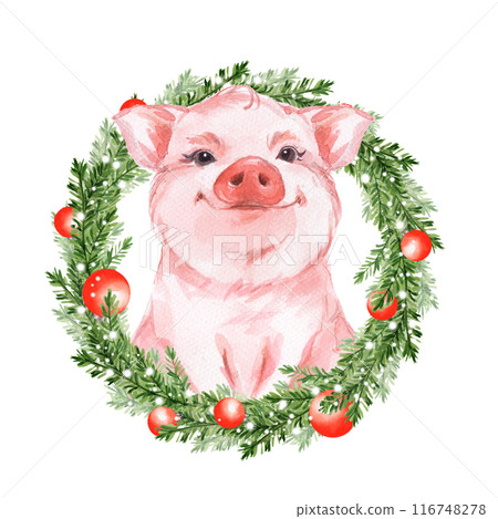 Funny pig and Christmas wreath. Isolated on white. Cute watercolor illustration. 116748278