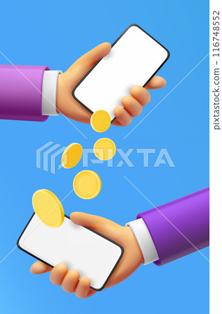 Sending money to friend via smartphone. 3d vector illustration Sending money to friend via smartphone. 3d vector illustration 116748552
