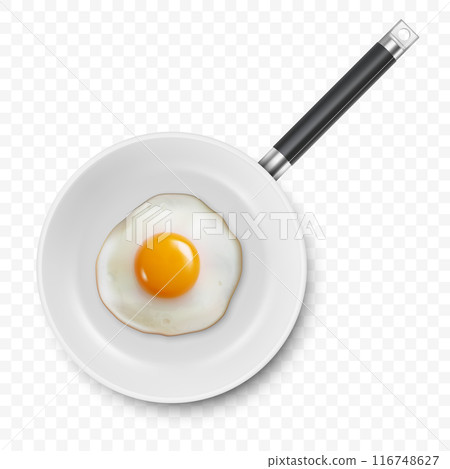 Vector 3d Realistic Fried Egg in the Frying Pan, Closeup Isolated in Top View. Design Template of Scrambled Eggs, Fried Egg, Omelette. Delicious Breakfast, Food, Culinary Concept 116748627